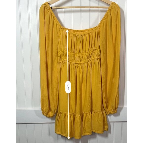 Forever 21 Boho Yellow Long Sleeve Mini Dress Square Neck Smocked Waist Ruffle - Picture 11 of 11